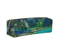 WXWJSHMGC Green Tropical Island Print Leather Pencil Case Simple,with Metallic Zipper Pocket,Storage Pouch for Girls Boys Student College Middle School