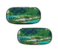 WXWJSHMGC Green Tropical Island Print Pencil Bag Large Pouch Bag with 3 Compartments Pen Case Card Coin Holder for Boys Girls School Stationery