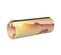 WXWJSHMGC Horses On Pasture at Sundown Print Leather Pencil Case Zipper Pen Makeup Cosmetic Holder Pouch Stationery Bag for School, Work, Office