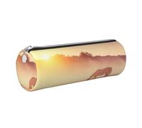 WXWJSHMGC Horses On Pasture at Sundown Print Leather Pencil Case Zipper Pen Makeup Cosmetic Holder Pouch Stationery Bag for School, Work, Office