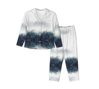 WXWJSHMGC Landscape Mountain Print Long Sleeve Long Pants Pajamas For Women Women'S Pajama Sets 2-Piece Cozy Lounge Sets Housecoat Black