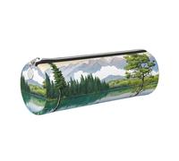 WXWJSHMGC Mountain Lake View Sunny Day Nature Print Leather Pencil Case Zipper Pen Makeup Cosmetic Holder Pouch Stationery Bag for School, Work, Office
