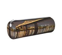 WXWJSHMGC New York Manhattan Bridge Night Print Leather Pencil Case Zipper Pen Makeup Cosmetic Holder Pouch Stationery Bag for School, Work, Office