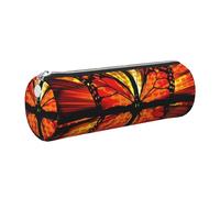 WXWJSHMGC Orange Butterfly Print Leather Pencil Case Zipper Pen Makeup Cosmetic Holder Pouch Stationery Bag for School, Work, Office