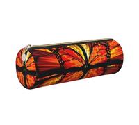 WXWJSHMGC Orange Butterfly Print Leather Pencil Case Zipper Pen Makeup Cosmetic Holder Pouch Stationery Bag for School, Work, Office