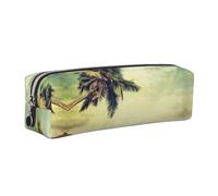 WXWJSHMGC Palm Tree Rocky Shore Print Leather Pencil Case Simple,with Metallic Zipper Pocket,Storage Pouch for Girls Boys Student College Middle School