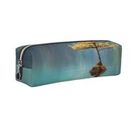 WXWJSHMGC Peaceful Lake and A Tree Print Leather Pencil Case Simple,with Metallic Zipper Pocket,Storage Pouch for Girls Boys Student College Middle School