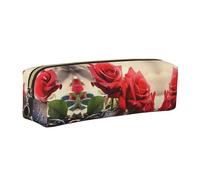 WXWJSHMGC Red Rose Flowers Print Leather Pencil Case Simple,with Metallic Zipper Pocket,Storage Pouch for Girls Boys Student College Middle School