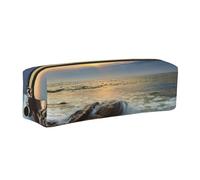 WXWJSHMGC Rocky Wave Sunset Painting Print Leather Pencil Case Simple,with Metallic Zipper Pocket,Storage Pouch for Girls Boys Student College Middle School