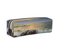 WXWJSHMGC Rocky Wave Sunset Painting Print Leather Pencil Case Simple,with Metallic Zipper Pocket,Storage Pouch for Girls Boys Student College Middle School