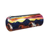 WXWJSHMGC Running Horses Print Leather Pencil Case Zipper Pen Makeup Cosmetic Holder Pouch Stationery Bag for School, Work, Office