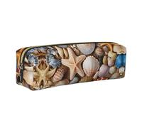 WXWJSHMGC Seashell Landscape On The Beach Print Leather Pencil Case Simple,with Metallic Zipper Pocket,Storage Pouch for Girls Boys Student College Middle School