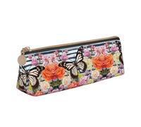 WXWJSHMGC Striped Flower Butterfly Print Leather Pencil Case,Fountain Pen Case,Personalised Portable Big Capacity Study Pencil Case for Secondary School Girls Boys