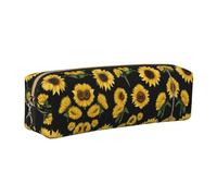WXWJSHMGC Sunflower Blooming Flowers Plants Black and Yellow Print Leather Pencil Case Simple,with Metallic Zipper Pocket,Storage Pouch for Girls Boys Student College Middle School