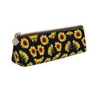 WXWJSHMGC Sunflower Flowers Plants Black and Yellow Print Leather Pencil Case,Fountain Pen Case,Personalised Portable Big Capacity Study Pencil Case for Secondary School Girls Boys