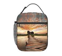 WXWJSHMGC Sunset Stunning Lake Bridge Print Lunch Bag,Reusable and Waterproof Lunchbox, Insulated Lunchbag with Mesh Bag for School, Travel, Picnic