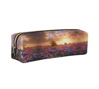 WXWJSHMGC Texas Bluebonnets Scenery Print Leather Pencil Case Simple,with Metallic Zipper Pocket,Storage Pouch for Girls Boys Student College Middle School