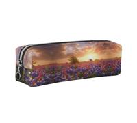 WXWJSHMGC Texas Bluebonnets Scenery Print Leather Pencil Case Simple,with Metallic Zipper Pocket,Storage Pouch for Girls Boys Student College Middle School