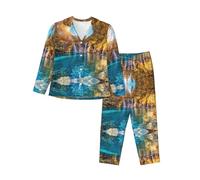 WXWJSHMGC Water And Lake Landscape Print Long Sleeve Long Pants Pajamas For Women Women'S Pajama Sets 2-Piece Cozy Lounge Sets Housecoat Black