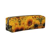 WXWJSHMGC Yellow Sunflower Field Print Leather Pencil Case Simple,with Metallic Zipper Pocket,Storage Pouch for Girls Boys Student College Middle School