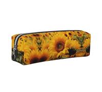 WXWJSHMGC Yellow Sunflower Field Print Leather Pencil Case Simple,with Metallic Zipper Pocket,Storage Pouch for Girls Boys Student College Middle School