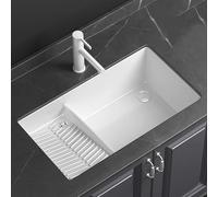 WXXSHGDW Undermount Ceramic Bathroom Sink, Utility Laundry Sink with Washboard, with Pull Out Faucet and Drainage Kit, for Laundry Room, Balcony, Bathroom, Courtyard(44x35cm/17.3x13.8in)