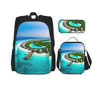 WXXWXD Maldives Scenery Large capacity durable school bag + pencil case + lunch bag, accompany your children to study happily every day