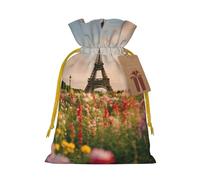 WXYBMDP Beautiful Eiffel Tower Paris Print Christmas Drawstring Bags Xmas Candy Bags Reusable Party Gifts Wrapping Bags