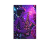 WXYZZB Exquisite Modern Family Photo Album Artwork-Canvas Wall Art Picture Print Anime Inspired Music Poster Man Playing Saxophone in Neon City