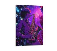 WXYZZB Exquisite Modern Family Photo Album Artwork-Canvas Wall Art Picture Print Anime Inspired Music Poster Man Playing Saxophone in Neon City