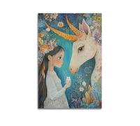 WXYZZB Exquisite Modern Family Photo Album Artwork-Canvas Wall Art Picture Print Boho Unicorn And Girl Animal Poster for Kids with Floral Elements