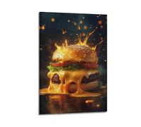 WXYZZB Exquisite Modern Family Photo Album Artwork-Canvas Wall Art Picture Print Modern Food Poster Juicy Cheeseburger with Melting Cheese And Flames