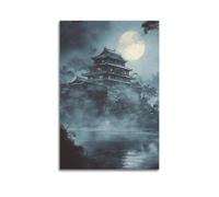 WXYZZB Minimalist Abstract Canvas Wall Art Prints Picture - Japandi Night Scene Poster with Japanese Castle Under Full Moon Home Decor Artwork Posters 16x24inch(40x60cm)