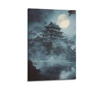 WXYZZB Minimalist Abstract Canvas Wall Art Prints Picture - Japandi Night Scene Poster with Japanese Castle Under Full Moon Home Decor Artwork Posters 20x30inch(50x75cm)