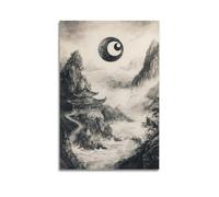 WXYZZB Minimalist Abstract Canvas Wall Art Prints Picture - Japandi Yin - Yang Landscape Poster with Pagoda And Mountains Home Decor Artwork Posters 16x24inch(40x60cm)