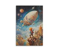 WXYZZB Minimalist Abstract Canvas Wall Art Prints Picture - Surrealism Space Adventure Children's Poster with Blimp And Planets Home Decor Artwork Posters 16x24inch(40x60cm)