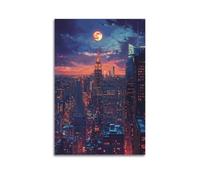 WXYZZB Minimalist Abstract Canvas Wall Art Prints Picture - Surrealist Cityscape Poster with Full Moon And Skyscrapers Home Decor Artwork Posters 16x24inch(40x60cm)