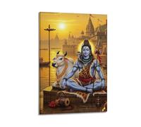 WXYZZB Poster Frame Canvas Wall Art Prints for Home Decor - Hinduism Poster Shiva And Nandi by The River at Sunset, with Temple Silhouettes in The Background 20x30inch(50x75cm) Picture Frame Artwork