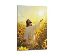 WXYZZB Poster Frame Canvas Wall Art Prints for Home Decor - Jesus Religion Sunflower Field Praise Figure 16x24inch(40x60cm) Picture Frame Artwork
