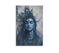 WXYZZB Poster Unframe Canvas Wall Art Prints for Home Decor - Hinduism Poster Blue Toned Shiva with Peacock Feathers, in An Expressive And Textured Artwork 12x18inch(30x45cm) Picture Unframe Artwork
