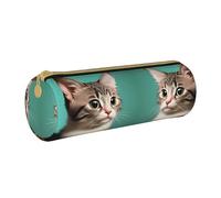 WXZYFP A curious cat Environmentally friendly cross-grain leather pencil case, lightweight and portable, suitable for daily use.