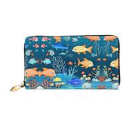 WXZYFP Blue underwater world of fish Leather long wallet, double-sided printing, microfiber leather material, unisex, waterproof and durable
