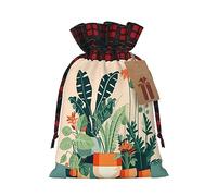 WXZYFP Cartoon small green plant Colorblock linen drawstring gift bag, 100% polyester, suitable for Christmas gift packaging