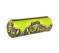 WXZYFP Frog in a pond Environmentally friendly cross-grain leather pencil case, lightweight and portable, suitable for daily use.