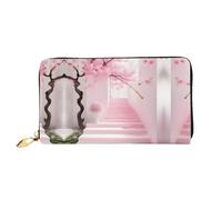 WXZYFP Pink cherry blossom staircase Leather long wallet, double-sided printing, microfiber leather material, unisex, waterproof and durable, Black, One Size