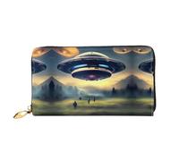 WXZYFP UFO landing Leather long wallet, double-sided printing, microfiber leather material, unisex, waterproof and durable