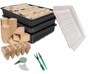 WY8 Seed Trays Starter Kit, Include 100 Biodegradable Pots for Seedlings, 3 Plastic Growing Trays with 3 Crystal Lids, 50 Plant Labels and 3 Plant Tools All you need for Outdoor Indoor Gardening