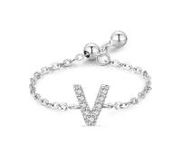 Wycian Anniversary Rings for Women 925 Silver Rings for Women Silver Cubic-Zirconia Adjustable Chain Ring with English Letter V Gifts for Ladies Upgrade 3.0