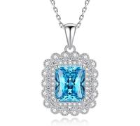 Wycian Birthstone Necklace for Women Silver White Gold/Platinum, Emerald Cut with Double Floral Halo Real Gold Necklace for Her, 40+5 cm/15.7+1.9 inch
