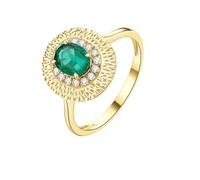 Wycian Bridal Wedding Band 9K Yellow Gold Ring Round with 0.7CT 4 Claws Oval Shape Emerald and Diamond Size U 1/2 Solid Not Plated Popular for Ladies Engagement